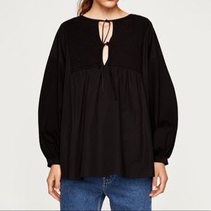 ZARA Black Tie Front Peasant Top